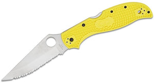 SPYDERCO C258SYL STRETCH 2 XL SALT YELLOW FRN HANDLE H-2 STEEL SERRATED FOLDING KNIFE.