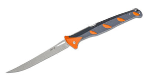 BUCK 0148ORS HOOKSET 6 INCH 5CR15MOV STEEL ORANGE POLY HANDLING FOLDING FILLET KNIFE.