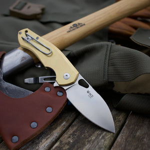 GIANT MOUSE ACE KNIVES BIBLIO BRASS HANDLE M390 STEEL LINER LOCK FOLDING KNIFE.